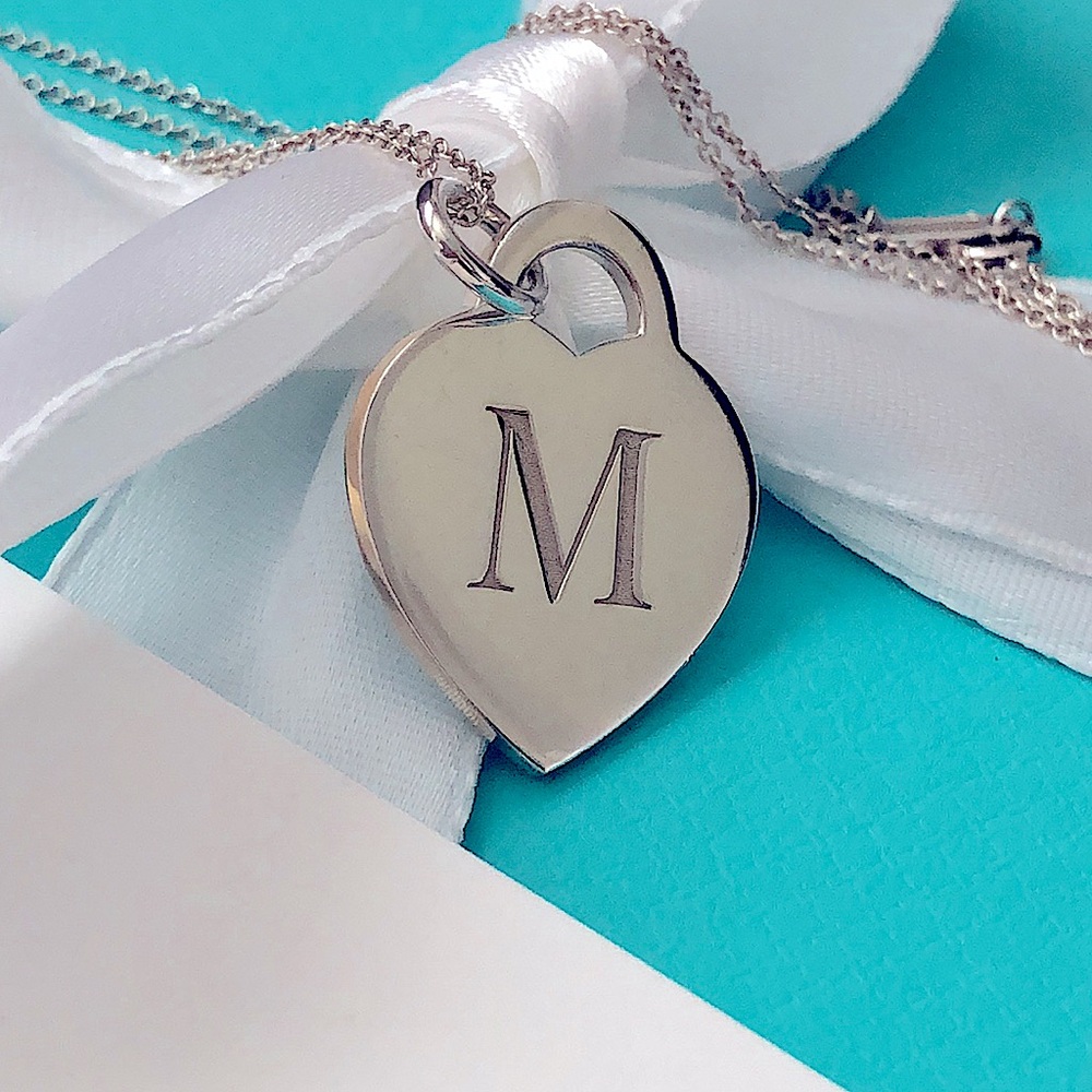 Retired Tiffany & Co. Initial M Heart Pendant Necklace on 18” Tiffany Chain